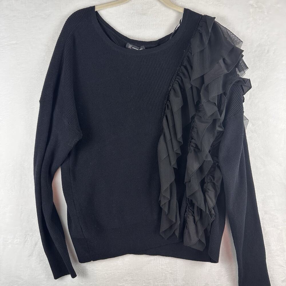 INC M Black Ruffle Mesh Sweater Cotton Statement NWT Coquette Feminine Classic